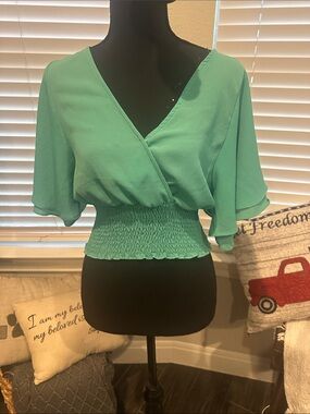 She + Sky Mint Green Smocked-Waist V-Neck Blouse